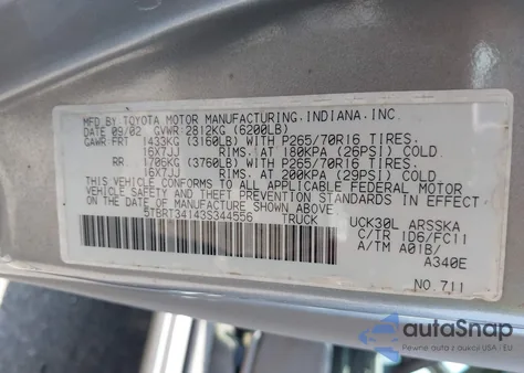 2003 Toyota Tundra Sr5 V8 z USA, uszkodzony, nr VIN 5TBRT34143S344556